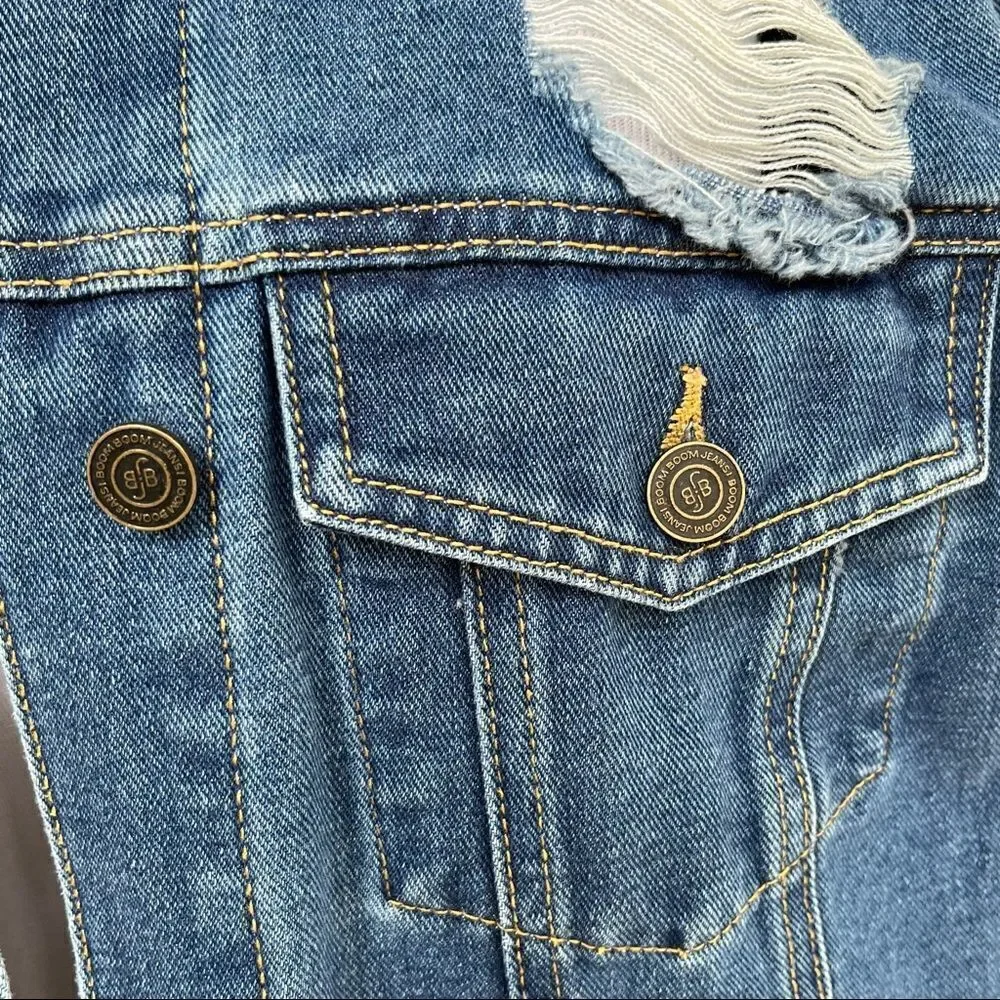 Boom Boom Jeans Medium Wash Destroyed Trucker Style Denim Jacket XL